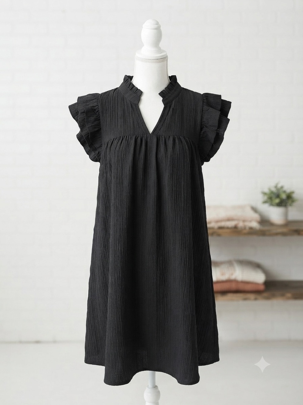 SHEIN Black Ruffle Short Sleeve Mini Dress V Neck